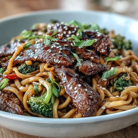 A close-up of sizzling Korean Beef Noodles, garnished with green onions and sesame seeds, ready to serve for dinner.  