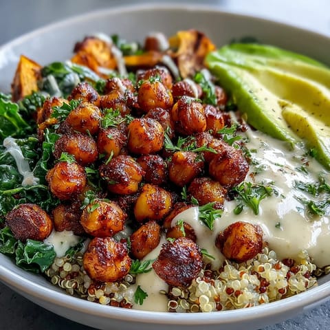 A vibrant Roasted Chickpea Power Bowl topped with sliced avocado and drizzled with creamy tahini dressing, garnished with fresh parsley.