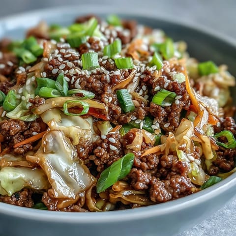A steaming serving of Egg Roll in a Bowl garnished with green onions and sesame seeds over fluffy rice.