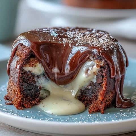 Hojicha Lava Cake with a rich white chocolate crust and warm, flowing matcha-colored center on a rustic wooden table. 
