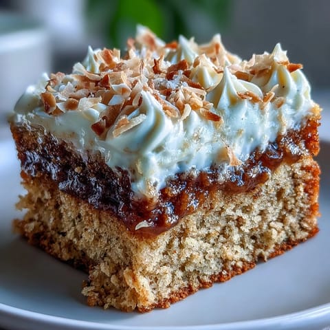 A close-up of the Vegan Hojicha Latte Cake, showing its moist crumb and creamy coconut frosting, dusted with roasted tea powder.