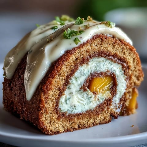 Homemade Hojicha Roll Cake with creamy hojicha filling and thin mango strips, sliced to show the spiral on a marble backdrop.