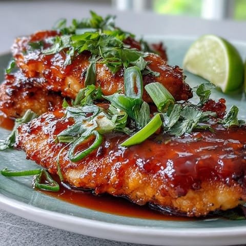 Sliced Thai Sweet Chili Chicken in a glossy, sweet and tangy sauce, perfect for a quick weeknight dinner.