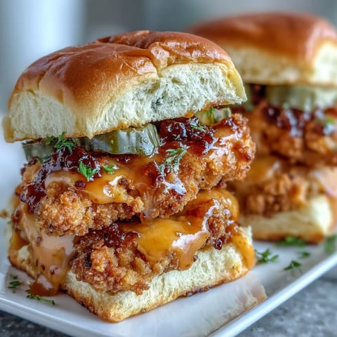 This casserole-style Spicy Honey Butter Chicken Sandwich Bake features crispy baked chicken, gooey cheese, and tangy pickles nestled in buttery buns—perfect for sharing at game day gatherings.  