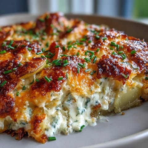 A close-up view of a spoon serving Creamy Ranch Chicken Potato Bake, revealing juicy chicken pieces and soft potato slices coated in a rich, creamy ranch sauce.