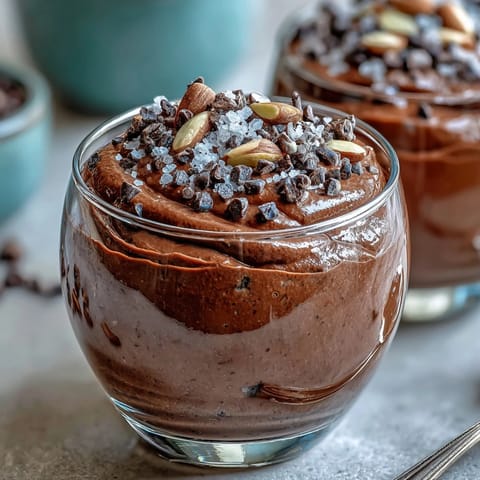 Vegan Chocolate Avocado Mousse Cups with Sea Salt Crunch sit on a marble counter with a fresh mint garnish and almond slivers.