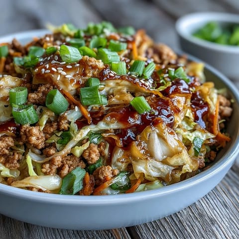 Sizzling ground turkey cooks with garlic and ginger in sesame oil for this Keto Egg Roll in a Bowl, ready for a quick dinner.