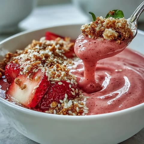A vibrant strawberry protein smoothie bowl topped with fresh berries, crunchy granola, and seeds for a satisfying breakfast.