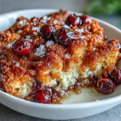 Crispy Cranberry Cobbler with golden buttery topping and bubbling tart cranberries in a festive baking dish.