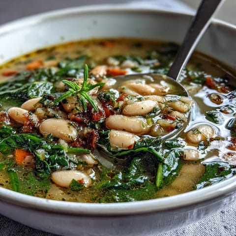 Creamy Tuscan white bean and spinach soup with tender vegetables in a savory herb-infused broth, perfect for cozy dinners.  