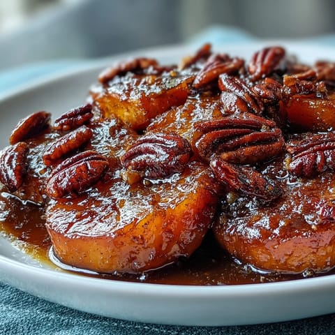 Golden roasted yams glazed with bourbon, maple syrup, and brown sugar, garnished with crunchy pecans.