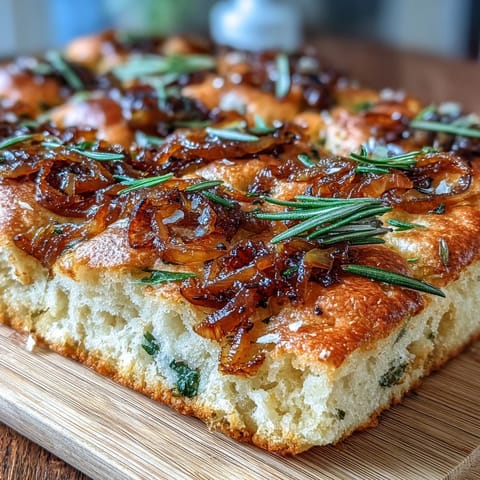Golden sourdough focaccia with caramelized onions, golden crust, and a sprinkle of sea salt.