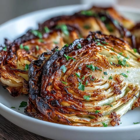 Crispy air fryer cabbage steaks with garlic butter, golden edges and savory seasoning.  