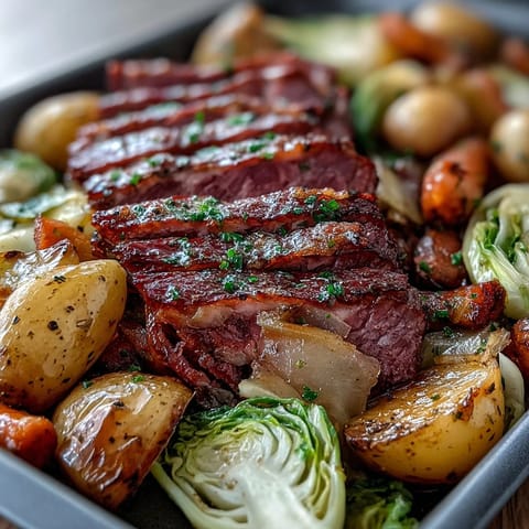 Corned Beef and Cabbage Sheet Pan Dinner with roasted potatoes and carrots on a parchment-lined tray.  