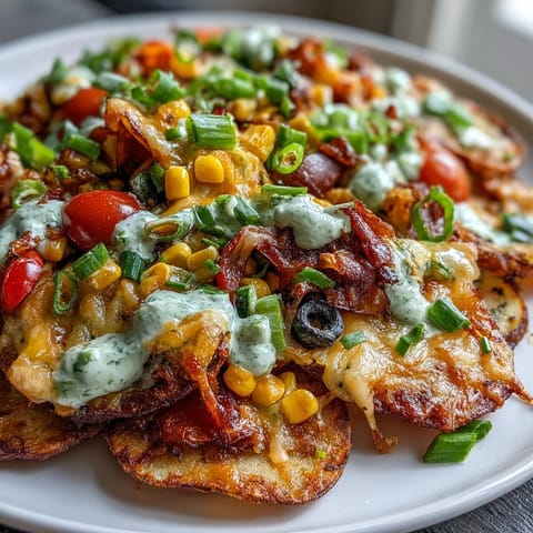 Crispy roasted potato rounds loaded with colorful veggies and melted cheddar, served with tangy Greek yogurt ranch for a vibrant twist on nachos.