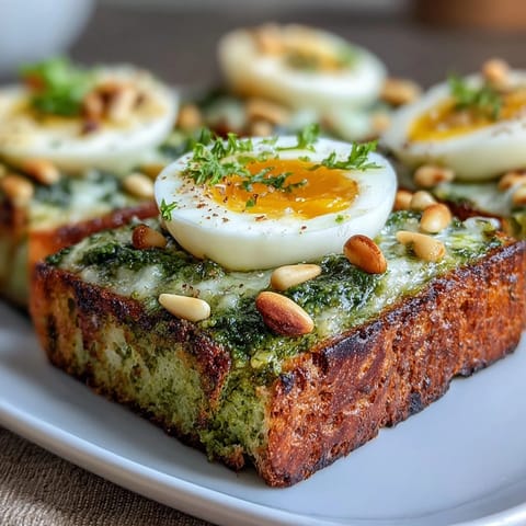 Fresh baby spinach pesto spread over golden sourdough toast, crowned with a halved soft-boiled egg and a sprinkle of flaky sea salt.