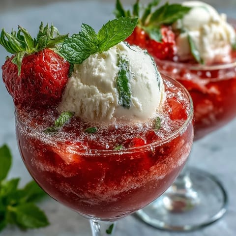 A vibrant strawberry daiquiri float with sparkling water, topped with creamy vanilla ice cream and fresh mint leaves.