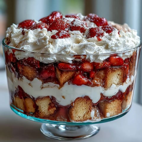 Elegant Mothers Day dessert featuring golden shortcake cubes, juicy strawberries, and fluffy vanilla cream.  