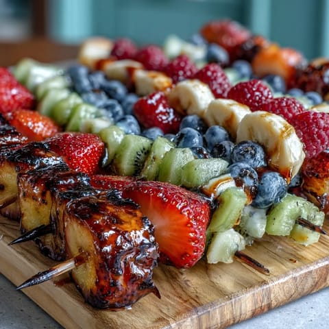 Festive red, white, and blue fruit skewers with strawberries, bananas, and blueberries for Fourth of July celebrations.  