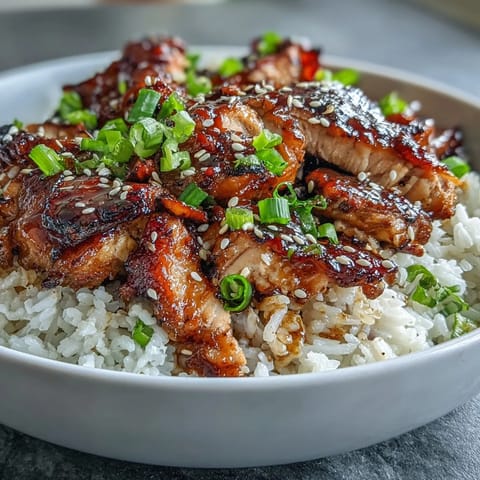Aromatic honey garlic chicken thighs glazed in a sweet and savory sauce, served over steaming jasmine rice.