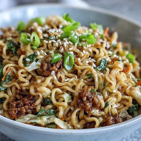 Creamy Potsticker Noodle Stir-Fry features ramen noodles and ground turkey coated in a glossy, savory sauce, garnished with fresh scallions.