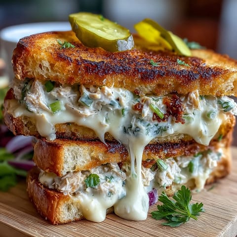 Crispy tuna melt with creamy tuna salad, melted cheddar, and pickles in golden toasted bread.  