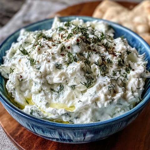 Creamy Greek Skyr Tzatziki dip with fresh dill and garlic, perfect for dipping.