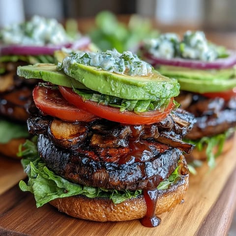 Juicy grilled portobello mushroom burgers piled high with fresh avocado.
