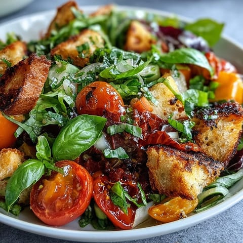 Summer Panzanella: Vibrant, juicy tomatoes and grilled bread salad bursting with fresh basil.