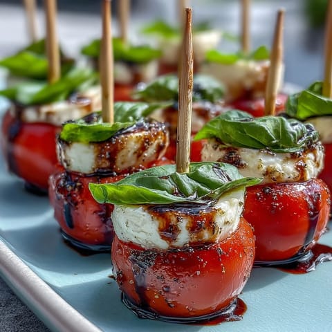 Colorful mini Caprese skewers ready for a party, drizzled with glaze.