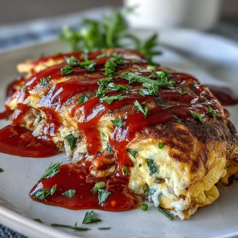 Japanese Omurice showcasing fluffy egg over vibrant ketchup rice.