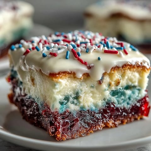 Festive Patriotic Poke Cake with creamy white chocolate ganache topping.