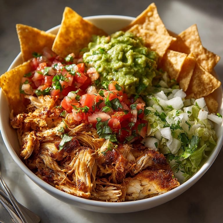 Loaded Tex-Mex Snack Plate: Melty Monterey Jack over rotisserie chicken with crisp tortilla chips.