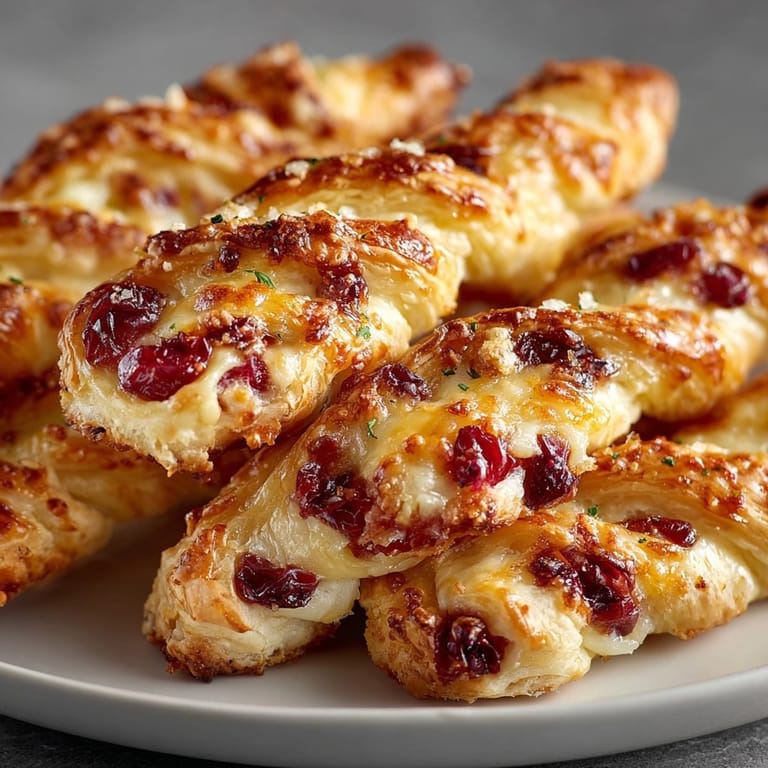 Warm, gooey Cranberry Brie Puff Pastry Twists glistening, fresh from the oven.