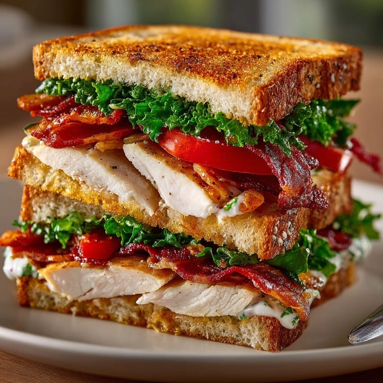 Crispy bacon and juicy tomato fill this classic Club Sandwich, ready to eat.