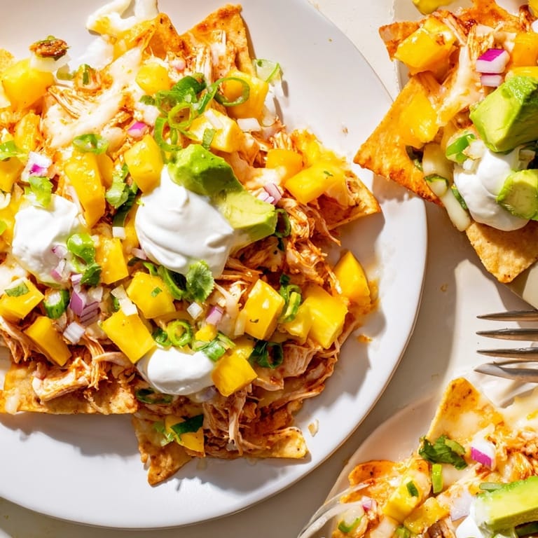 Warm and spicy Mango Pineapple Chicken Nachos, a tropical twist on cheesy comfort food.