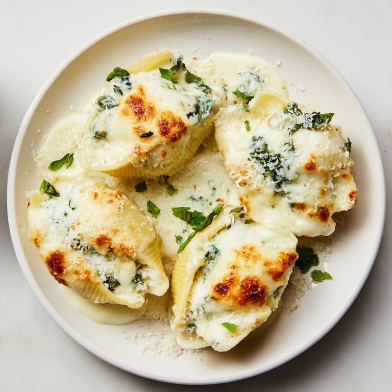 Homemade Alfredo Spinach Ricotta Stuffed Shells in baking dish, topped with melted cheese.