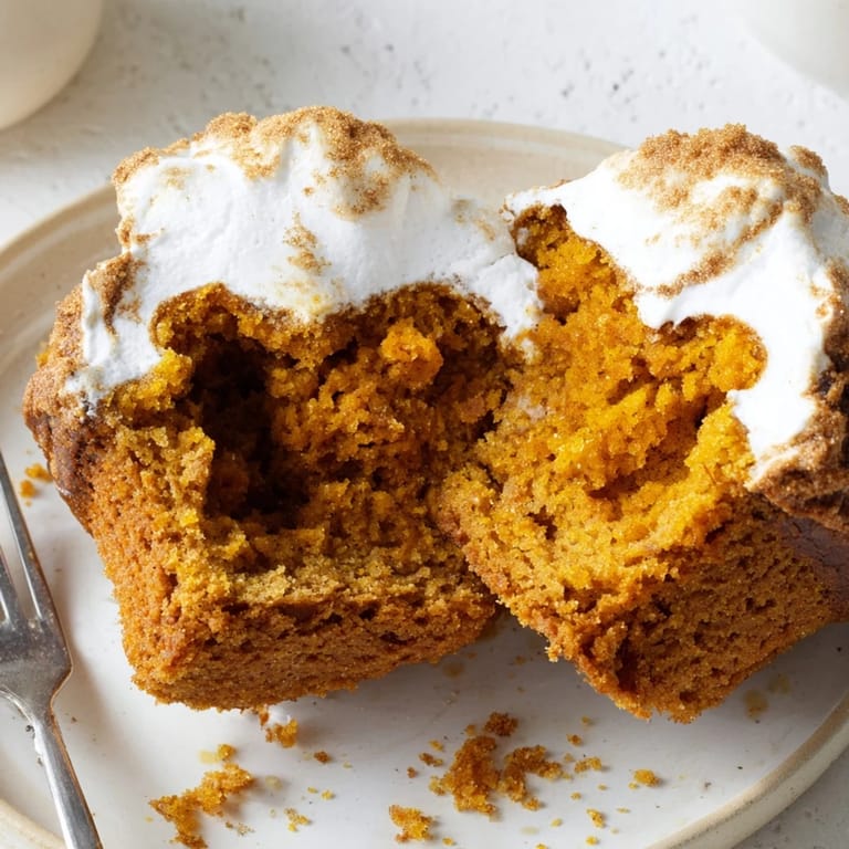 Savory spiced pumpkin muffins, topped with sweet marshmallow fluff, ideal for autumn celebrations.  