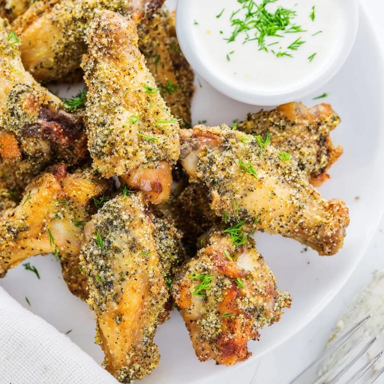 Zesty chicken wings featuring spicy dill pickle ranch flavor, ideal for game day snacks.