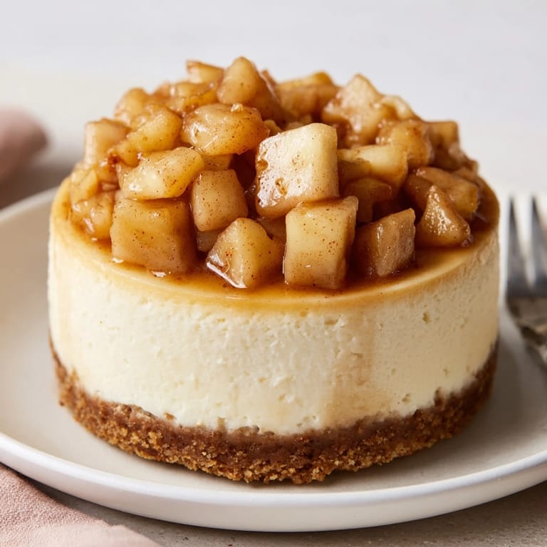 Creamy cheesecake layered with bourbon-infused spiced apples on a graham cracker crust.  