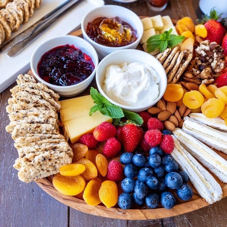 Stylish brunch board featuring vibrant jams, artisan breads, and fresh berries for sharing.  