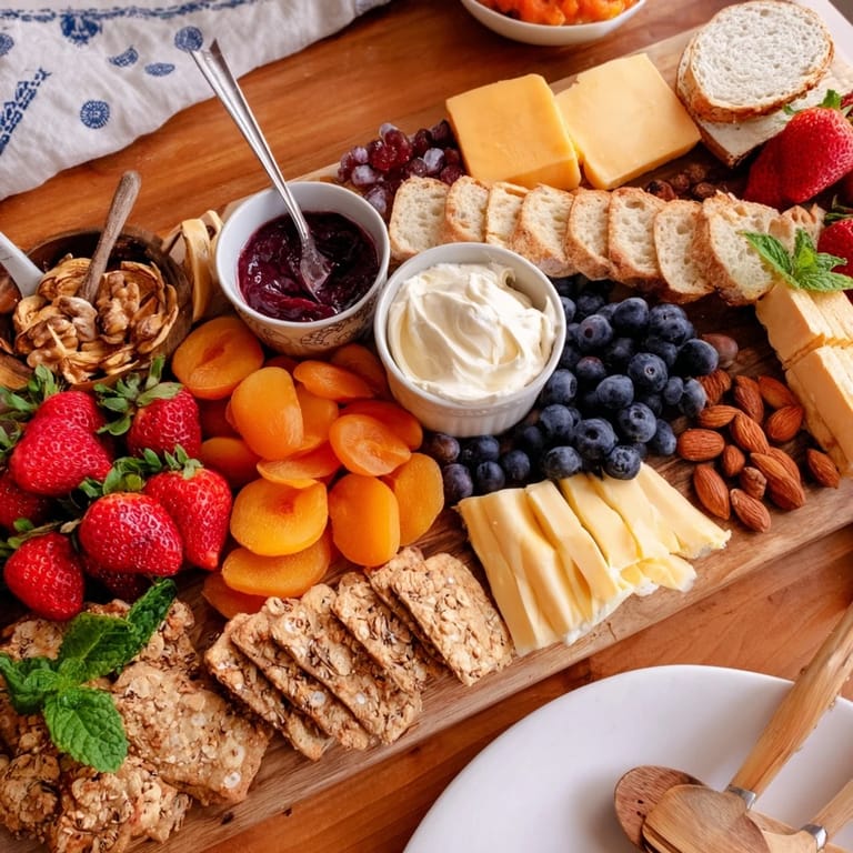 Deliciously arranged jam-infused brunch board perfect for a summer gathering with friends.
