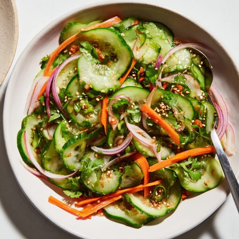 Vibrant cucumber salad remix, garnished with toasted sesame seeds and fresh vegetables.  