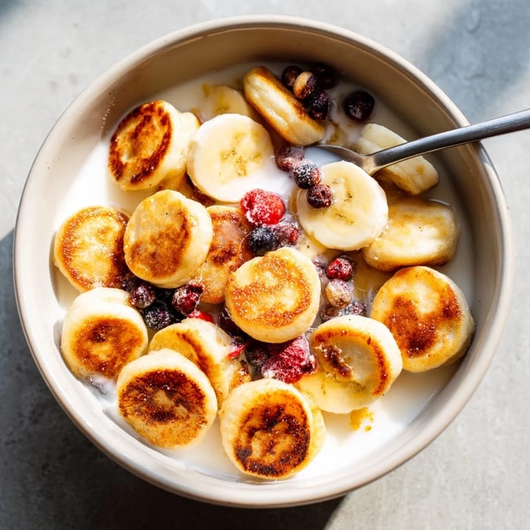 Delicious bite-sized Mini Pancake Cereal served in a bowl, ready for breakfast.  
