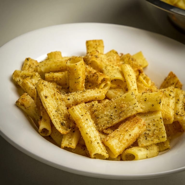 Golden pasta chips seasoned with smoked paprika, ideal for game day gatherings.