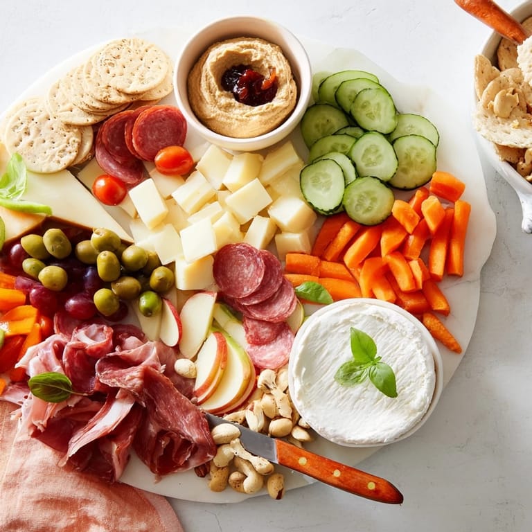 Artfully arranged Girl Dinner Platter with snacks, cheeses, and fresh vegetables awaits you.  