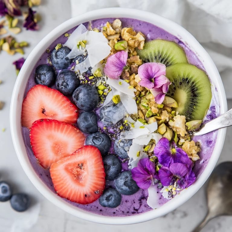 Deliciously colorful smoothie bowls blend purple yam with fresh berries for a nutritious breakfast.