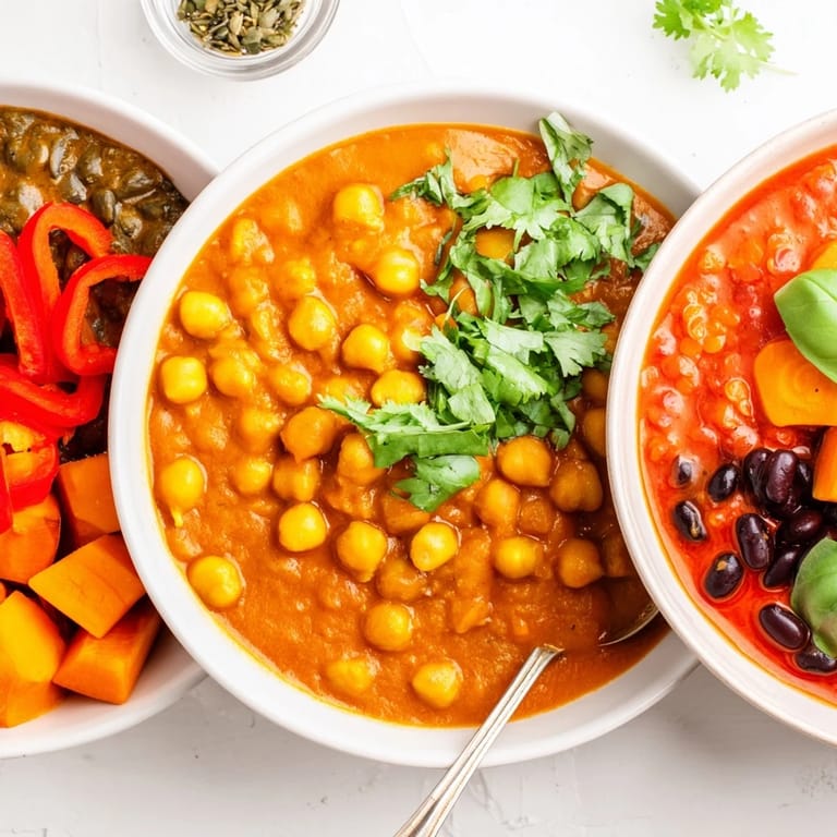 Delicious Thai Red Lentil Curry garnished with basil, featuring colorful vegetables and creamy coconut texture.