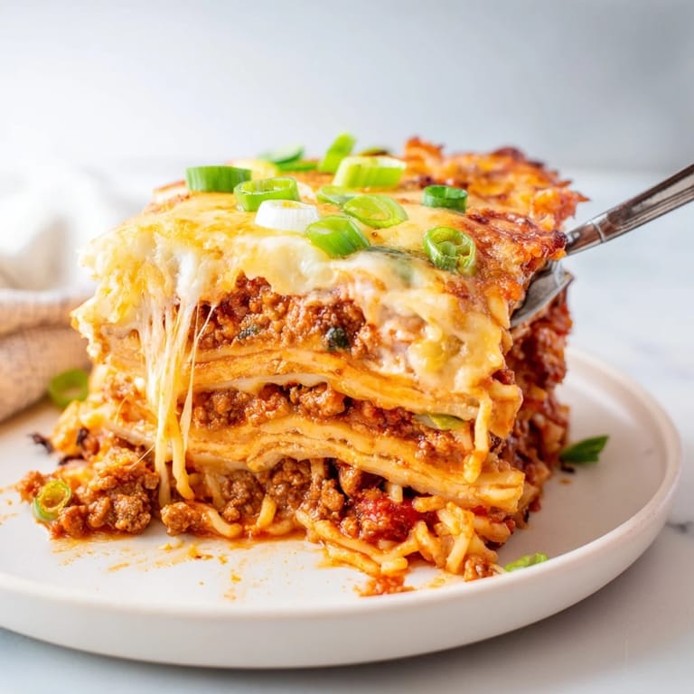 A mouthwatering Spicy Ramen Lasagna bursting with flavors and garnished with green onions.  