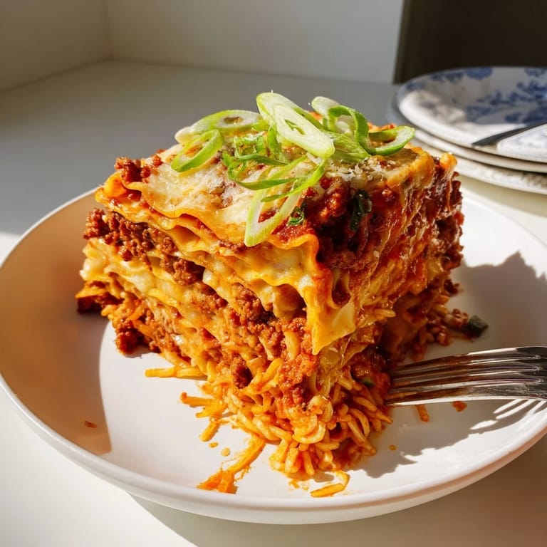 Comforting Spicy Ramen Lasagna showcasing tender noodles, rich pork, and melted cheese goodness.